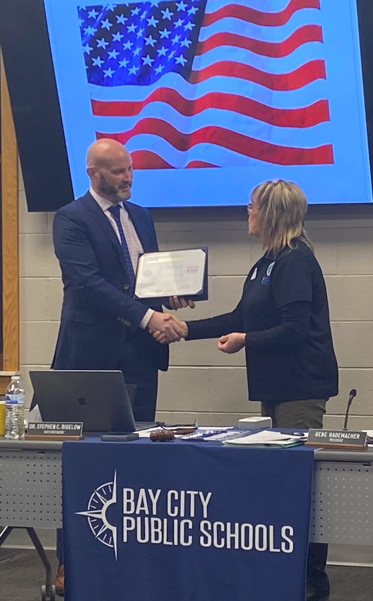 Bay City Public Schools superintendent Dr. Stephen Bigelow receives U.S. Department of Defense Patriot Award